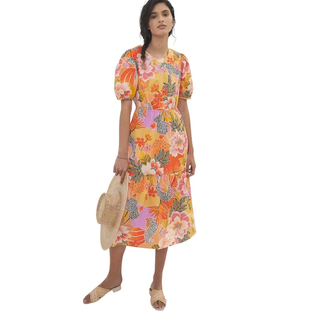 Farm Rio for Anthropologie Floral Leopard Tiered Midi Dress‎ Orange Pink Small